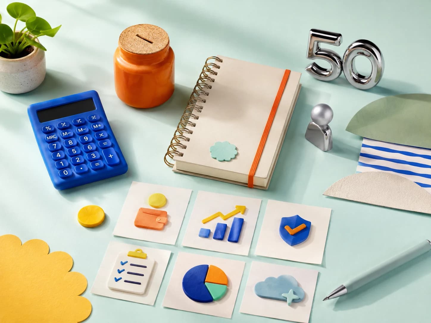 A colorful calculator, savings jar, notebook and six money-planning tools arranged on a mint desk