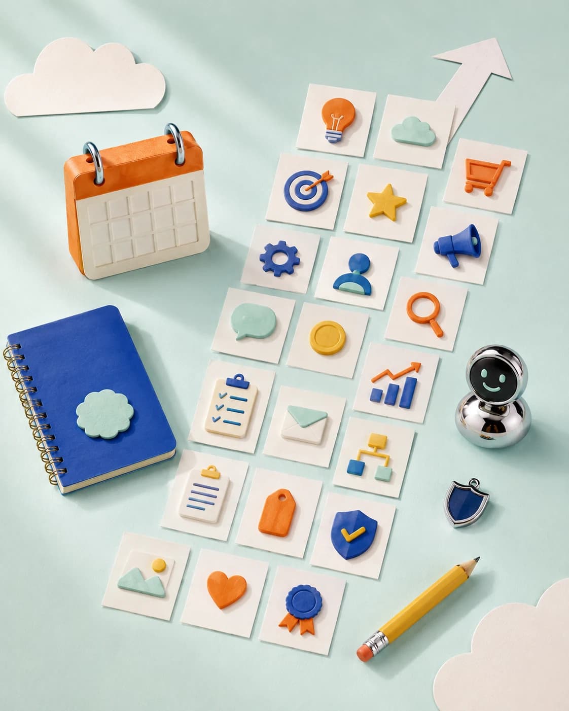 A 21-day path made from colorful task cards, a notebook, calendar and AI helper